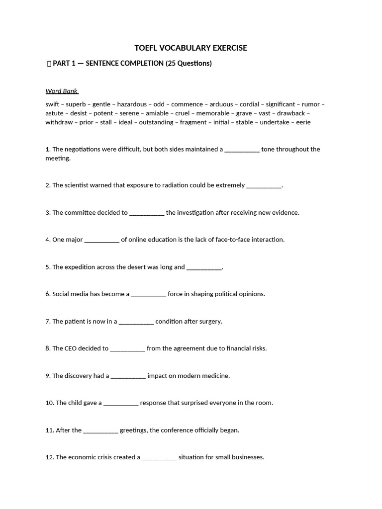 TOEFL Vocabulary Exercise | PDF