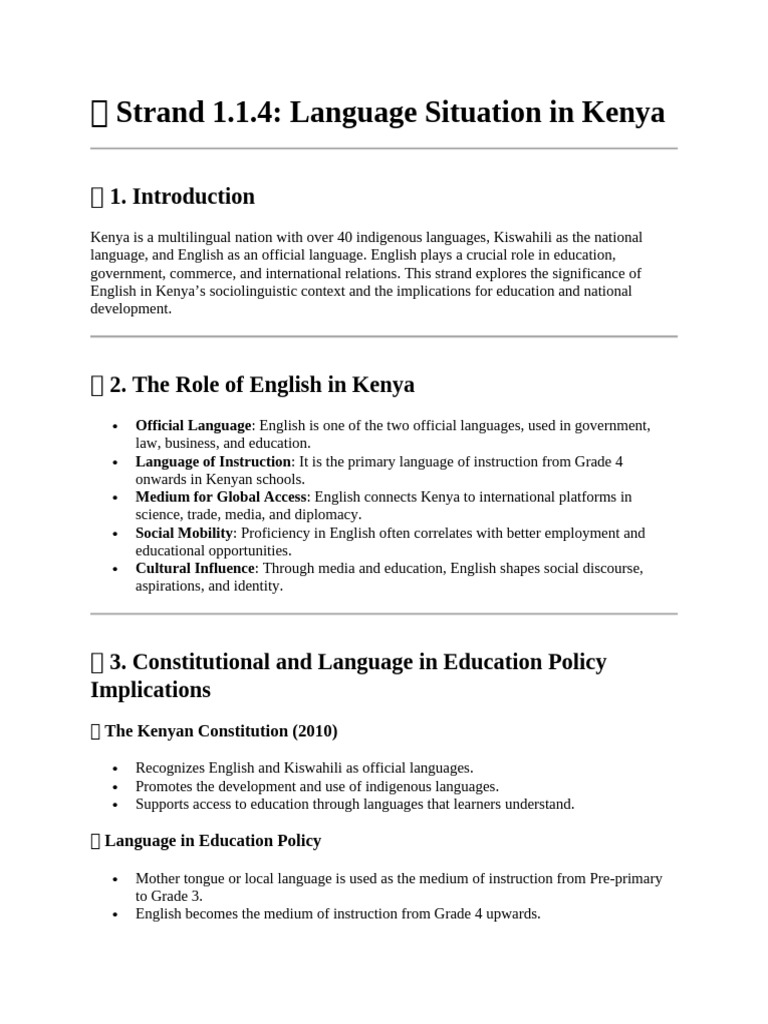 ? Strand 1, 1.1.4 Language Situation in Kenya | PDF | English Language ...