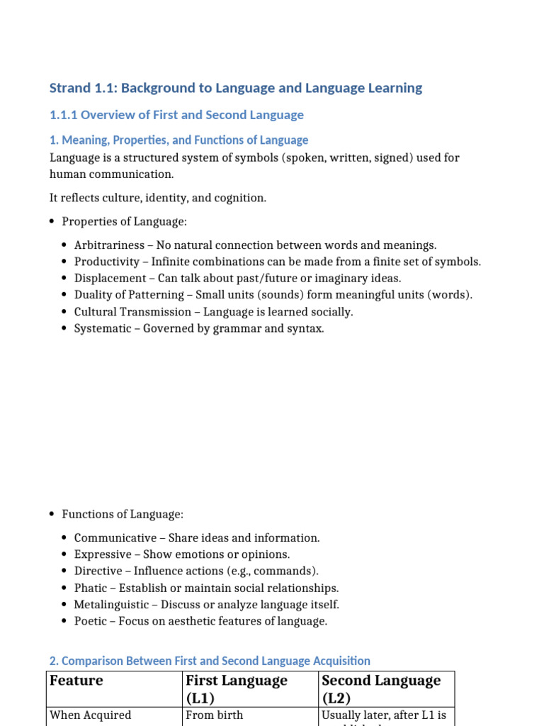 Strand1.0 .. 1.1.1 Overview of First and Second Language | PDF | Second ...