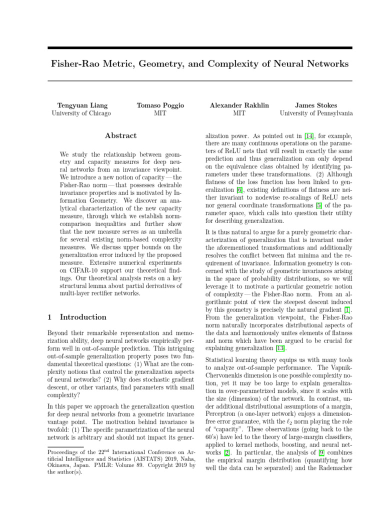 Fisher-Rao Metric, Geometry, And Complexity of Neural Networks1711 ...
