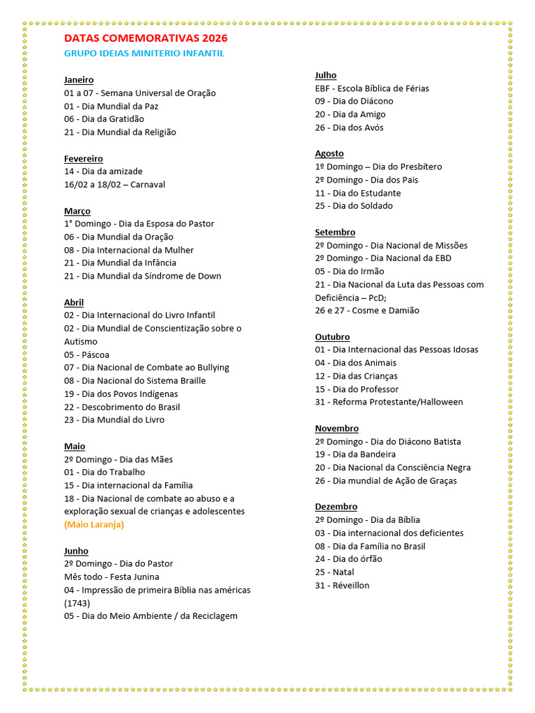 Datas Comemorativas 2026 | PDF