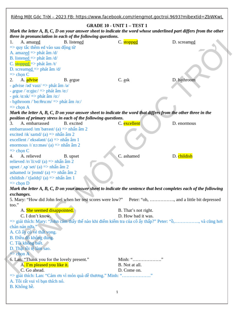 Grade 10 - Unit 1 - Test 1 - Keys Chi Tiết | PDF
