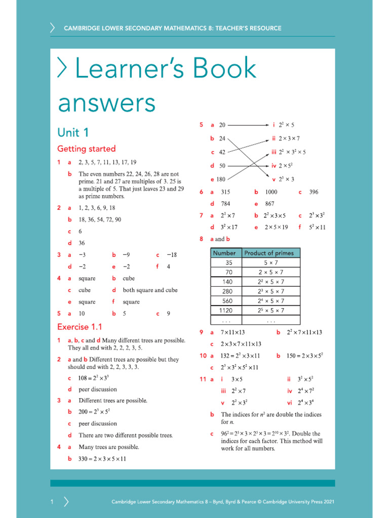 Year 8 - Learners Book - Answer Key | PDF