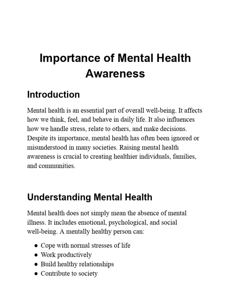 Importance of Mental Health Awareness | PDF | Mental Health | Mental ...