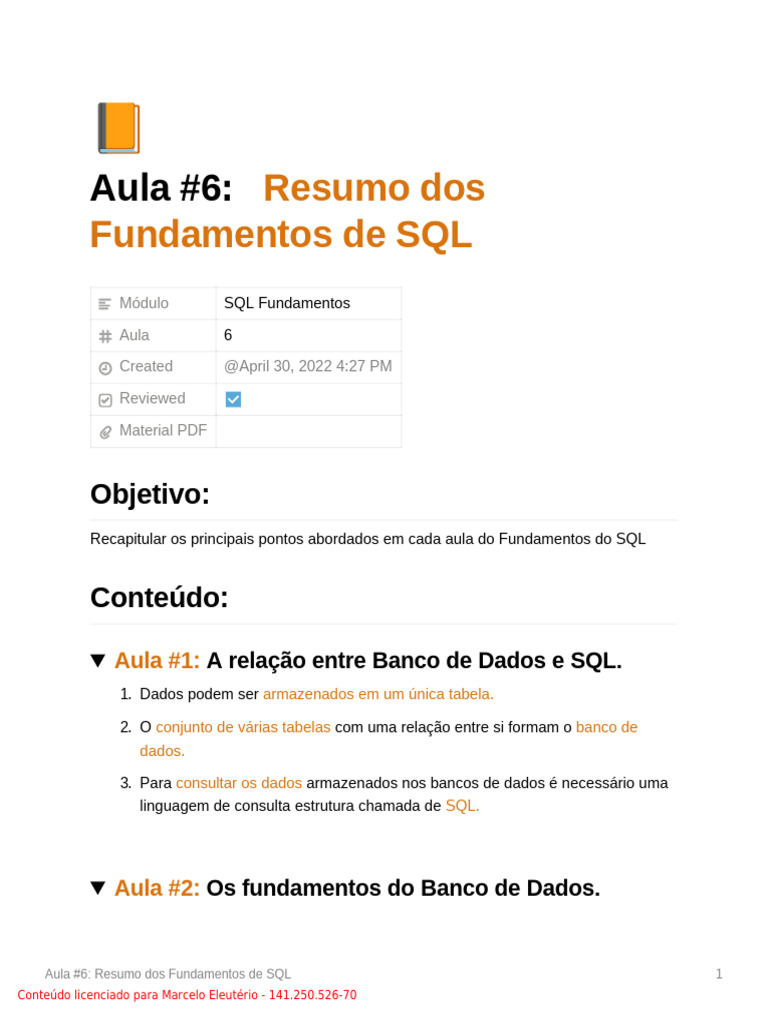 Aula 6 Resumo Dos Fundamentos de SQL | PDF | Bancos de dados | SQL