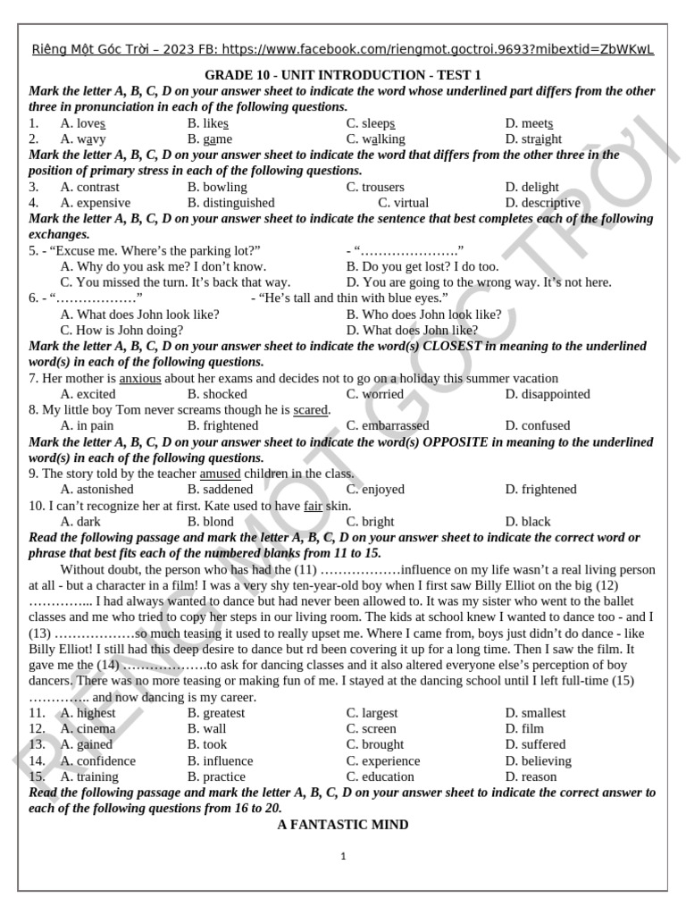 Grade 10 - Unit Intro - Test 1 - Đề | PDF