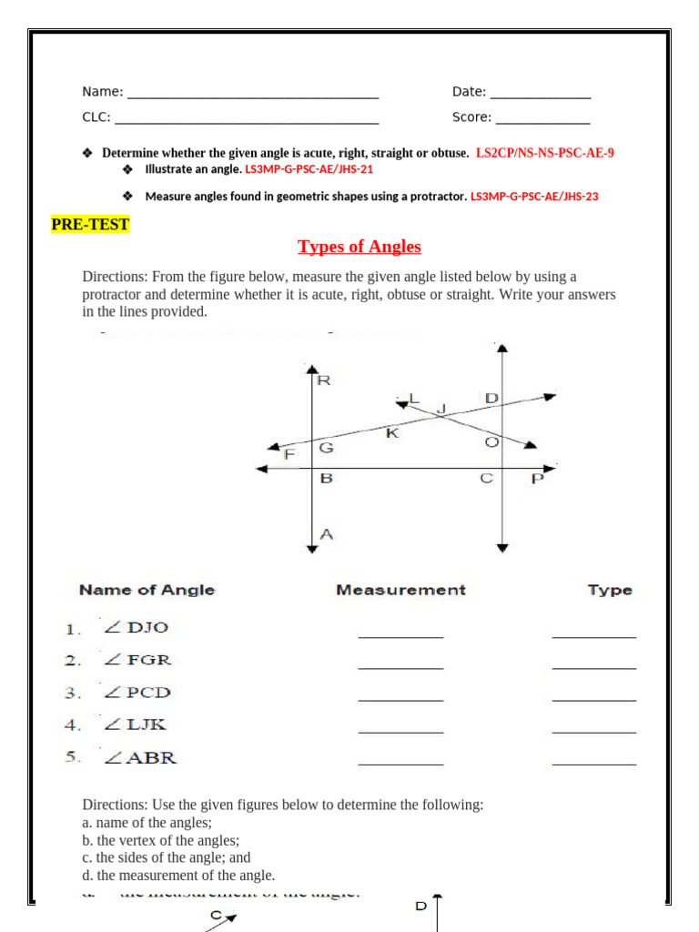 Worksheets Types Of Angles PDF