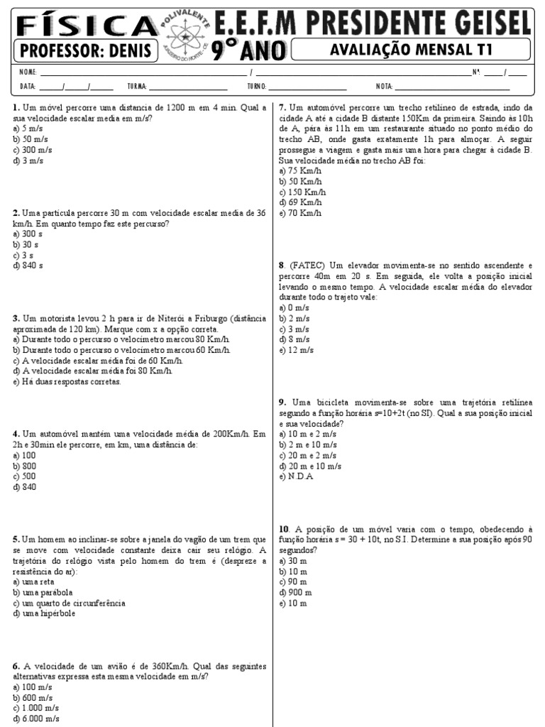 Av de Física 9º Ano - Velocidade Média T1 | PDF