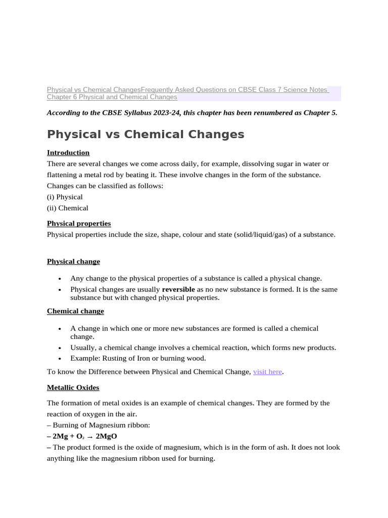 Physical and Chemical Changes Class 7 Science Notes | PDF | Rust ...