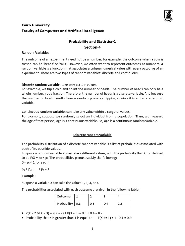 Probability & Statistics 1 - Section 4 | PDF | Probability Distribution ...