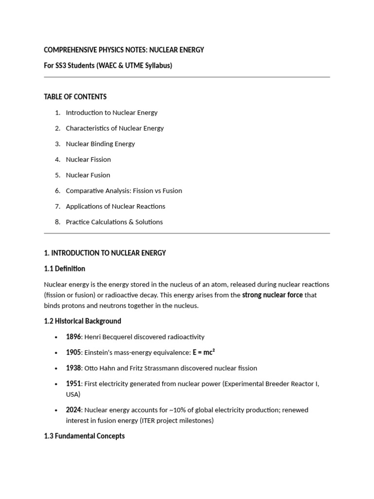 Nuclear Energy Comprehensive Physics Notes | PDF | Nuclear Physics ...