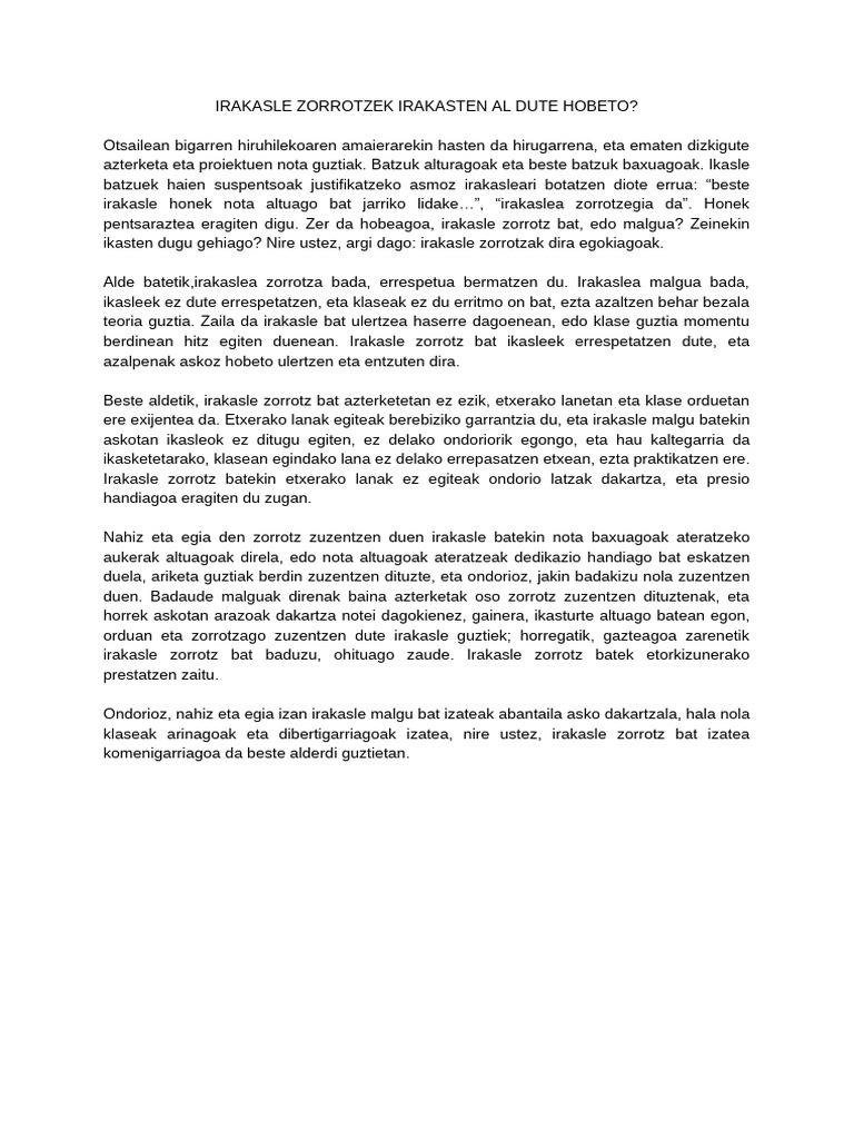 Irakasle Zorrotzek Irakasten Al Dute Hobeto | PDF