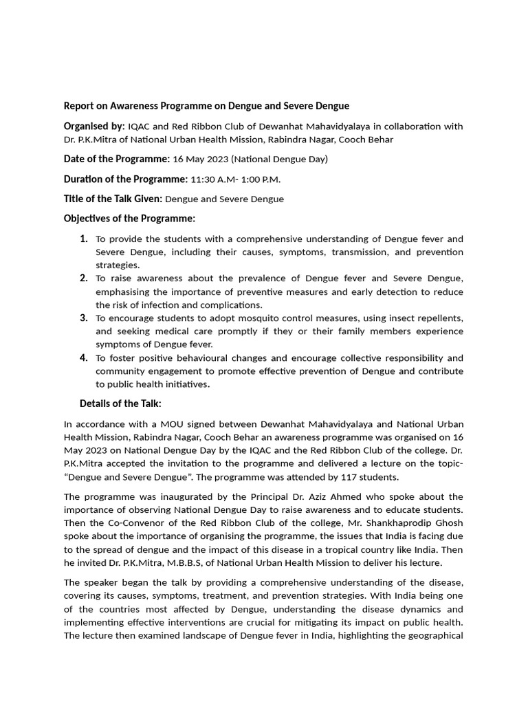 Report On Awareness Programme On Dengue and Severe Dengue | PDF | Human ...