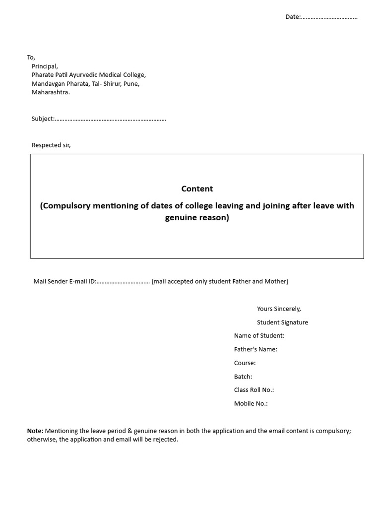 Leave Application Format For Students | PDF