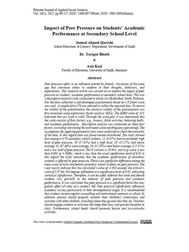 Impact of Peer Pressure On Students Academic Performance at Secondary ...