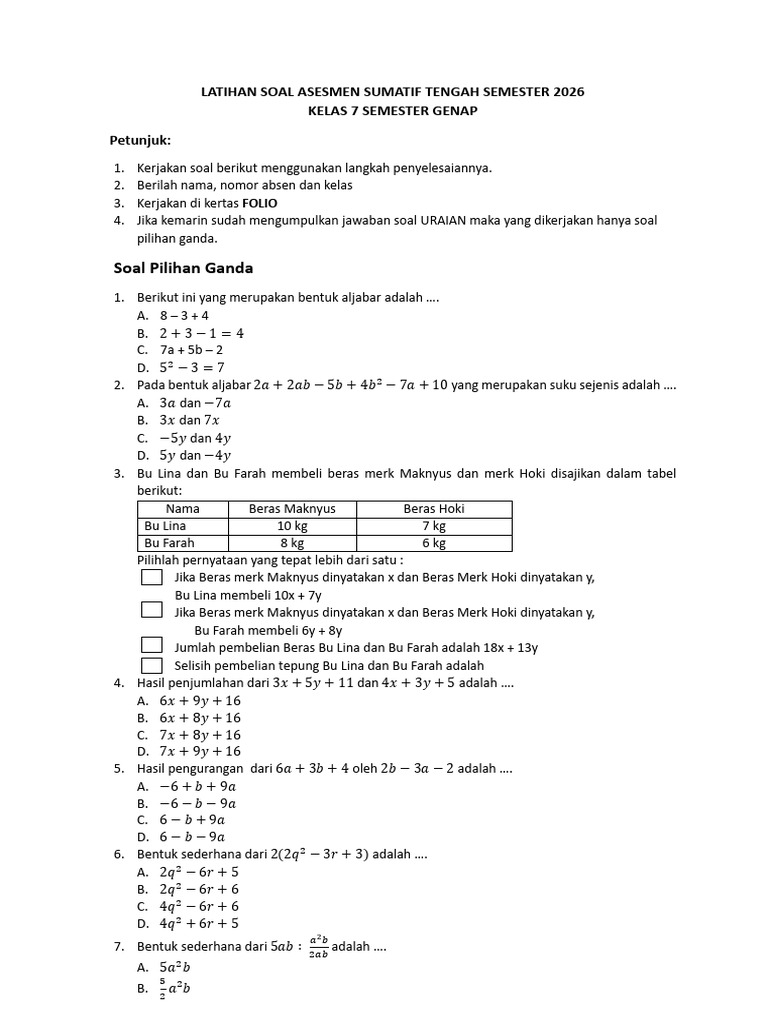 Latihan Soal Sts Matematika Kelas 7 | PDF