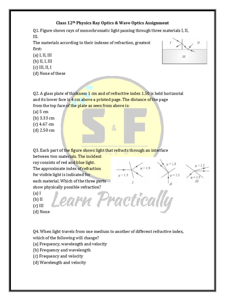 Class 12th Physics Assignment | PDF | Refraction | Optics