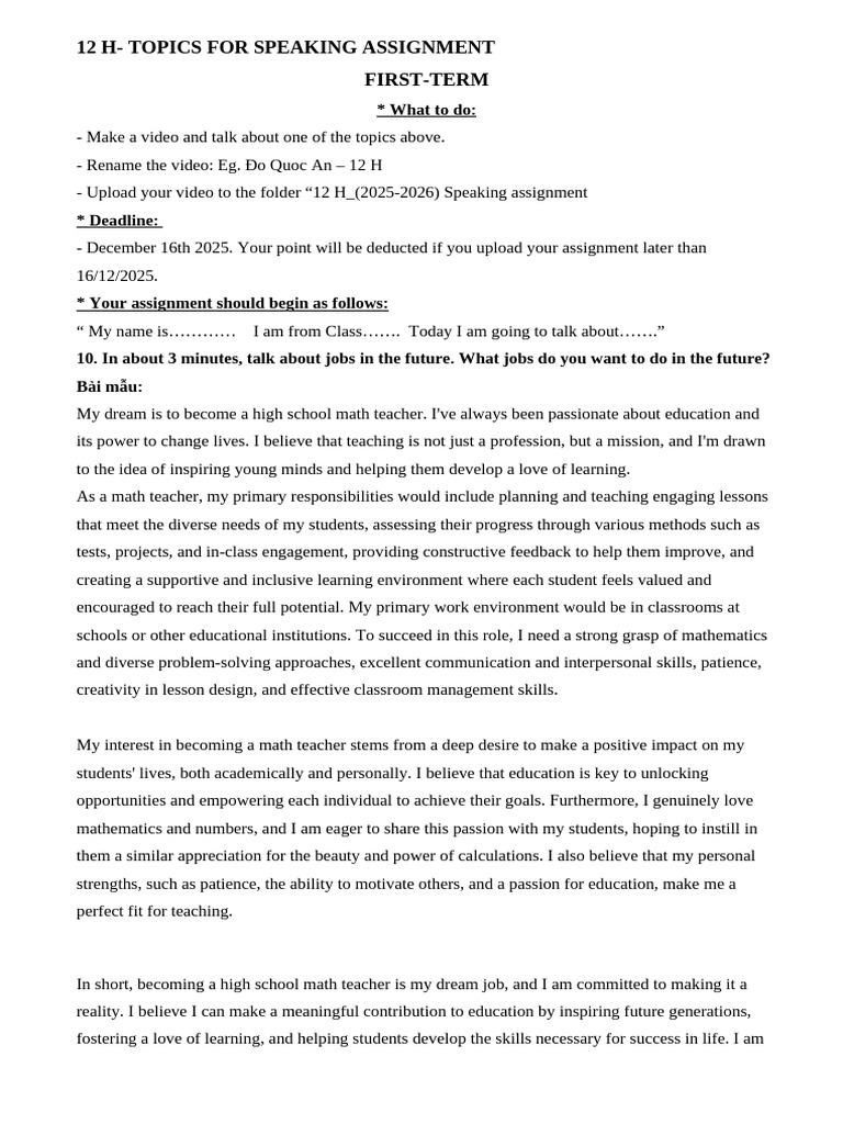 12 H Speaking Assignment KTCK 1 | PDF | Teachers | Mathematics