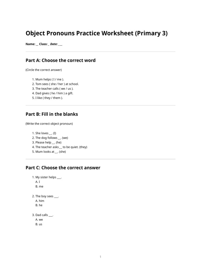 Object Pronouns Practice Worksheet (Primary 3) | PDF