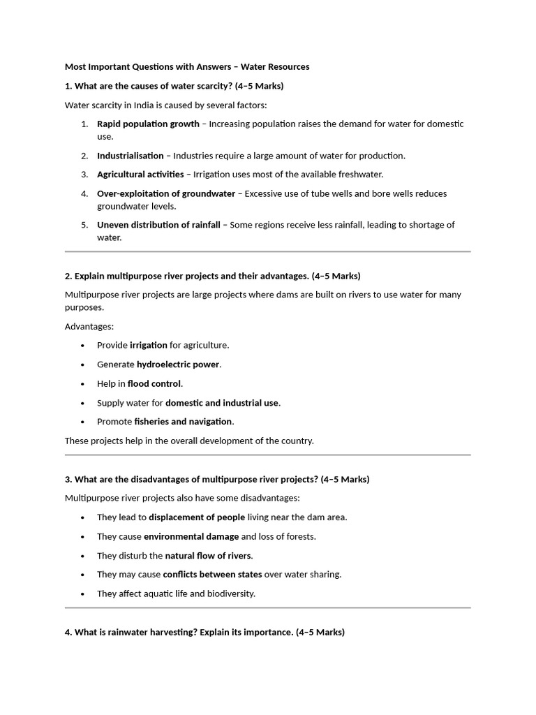Most Important Questions With Answers | PDF | Water Conservation | Water
