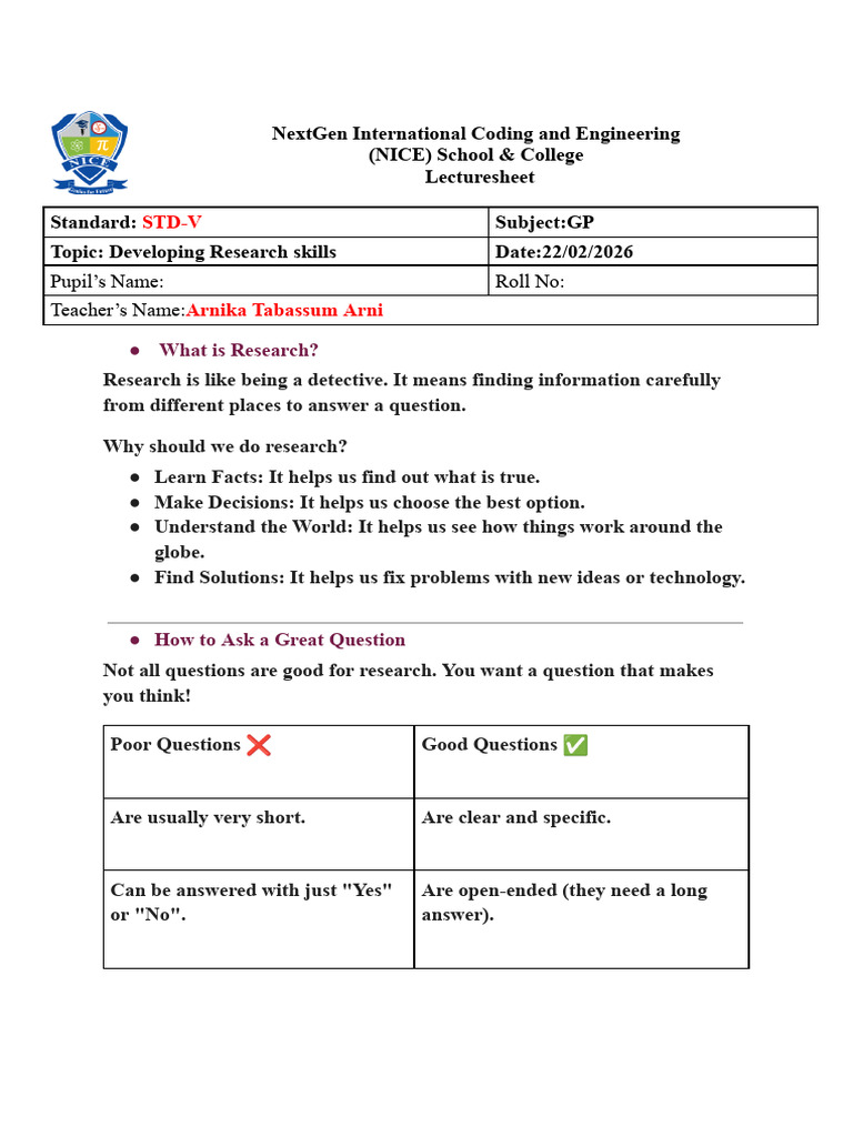 Lecture Sheet CT-01 GP STD V | PDF