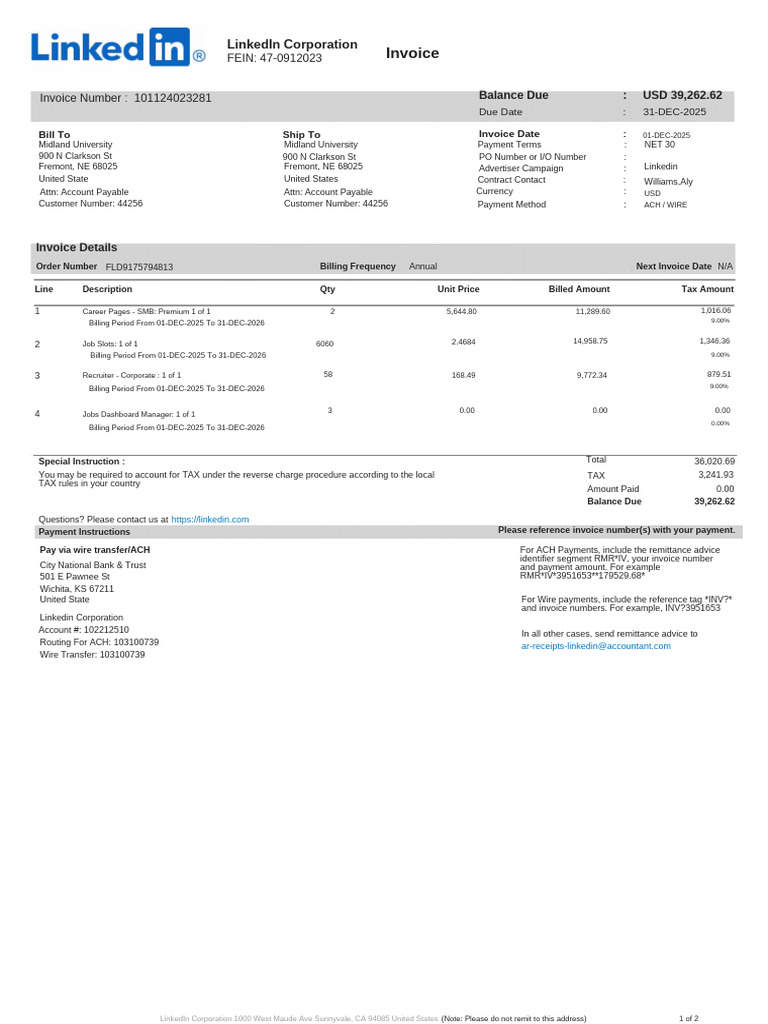 Midland University-InVOICE 101124023281 | PDF