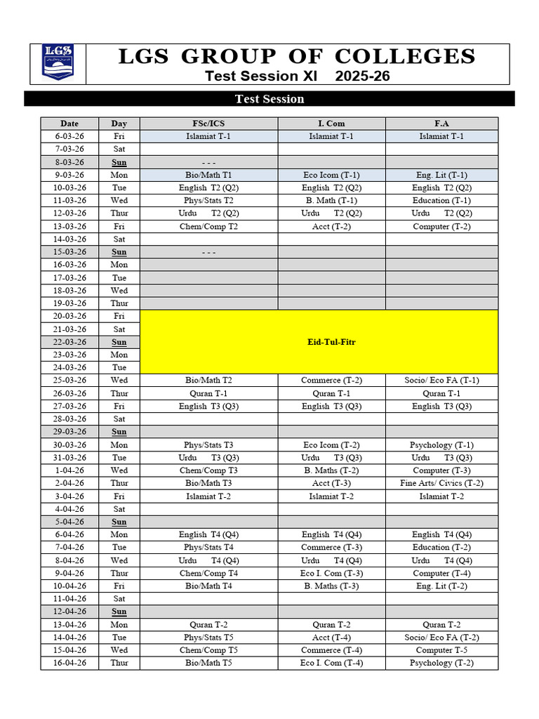 XI-Test Session Schedule 2026 March 6th - 9th | PDF