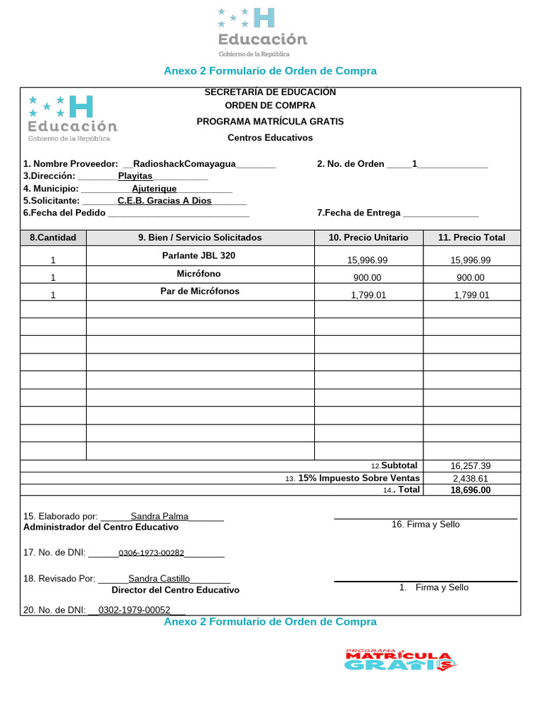 Anexo 2 Formulario de Orden de Compra | PDF