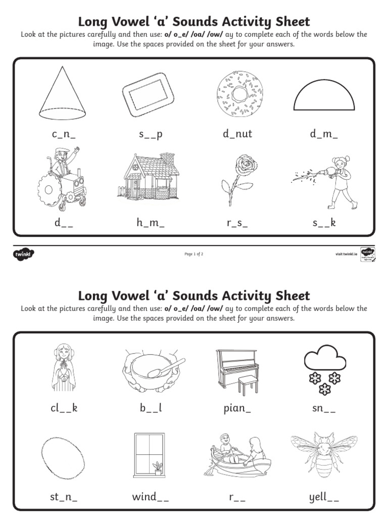 Long Vowel 'a' Sounds Activity Sheet - Twinkl | PDF