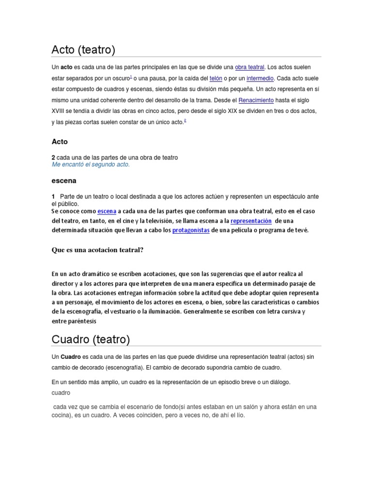 Acto,Escena,Acotacion y Cuadro Teatral Significados