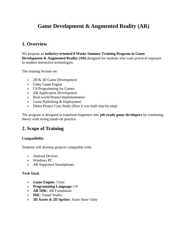 Game Development Training Plan | PDF | Unity (Game Engine) | Augmented ...