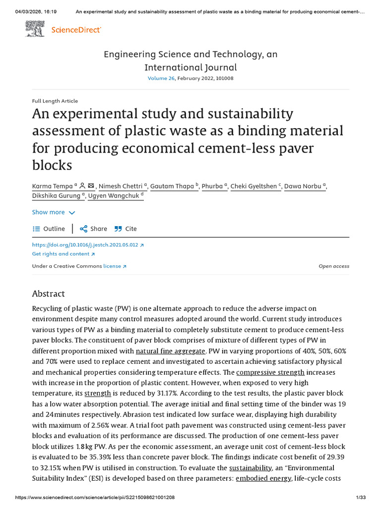 An Experimental Study and Sustainability Assessment of Plastic Waste as ...