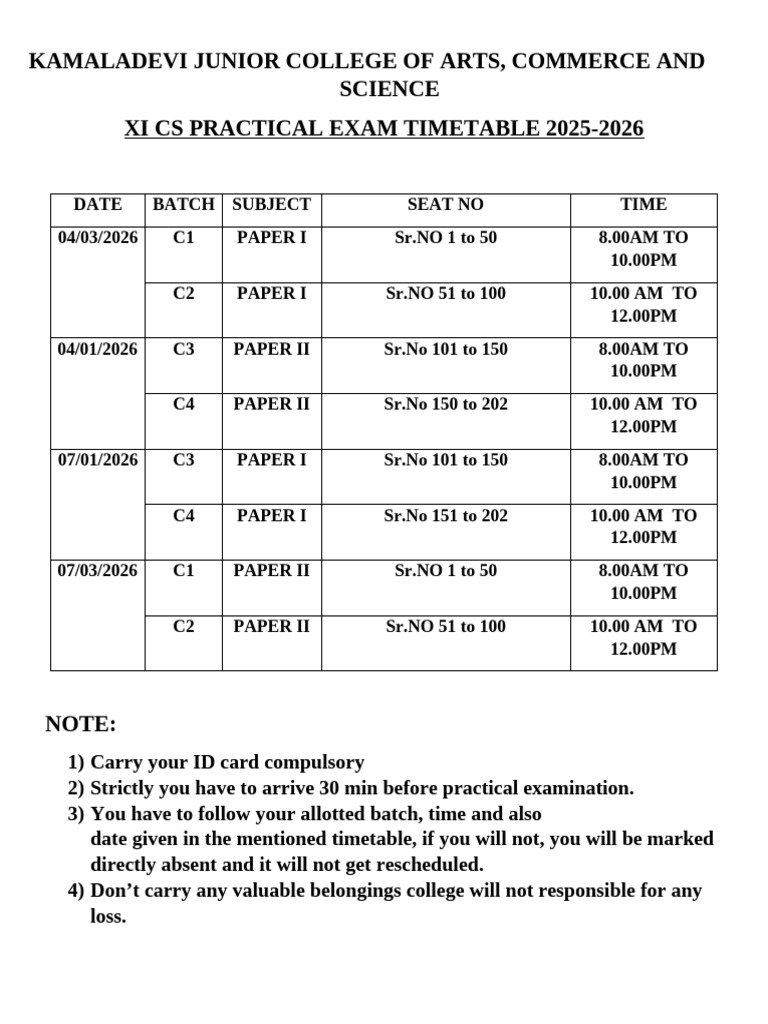 XI CS Practical Timetable 25-26 | PDF