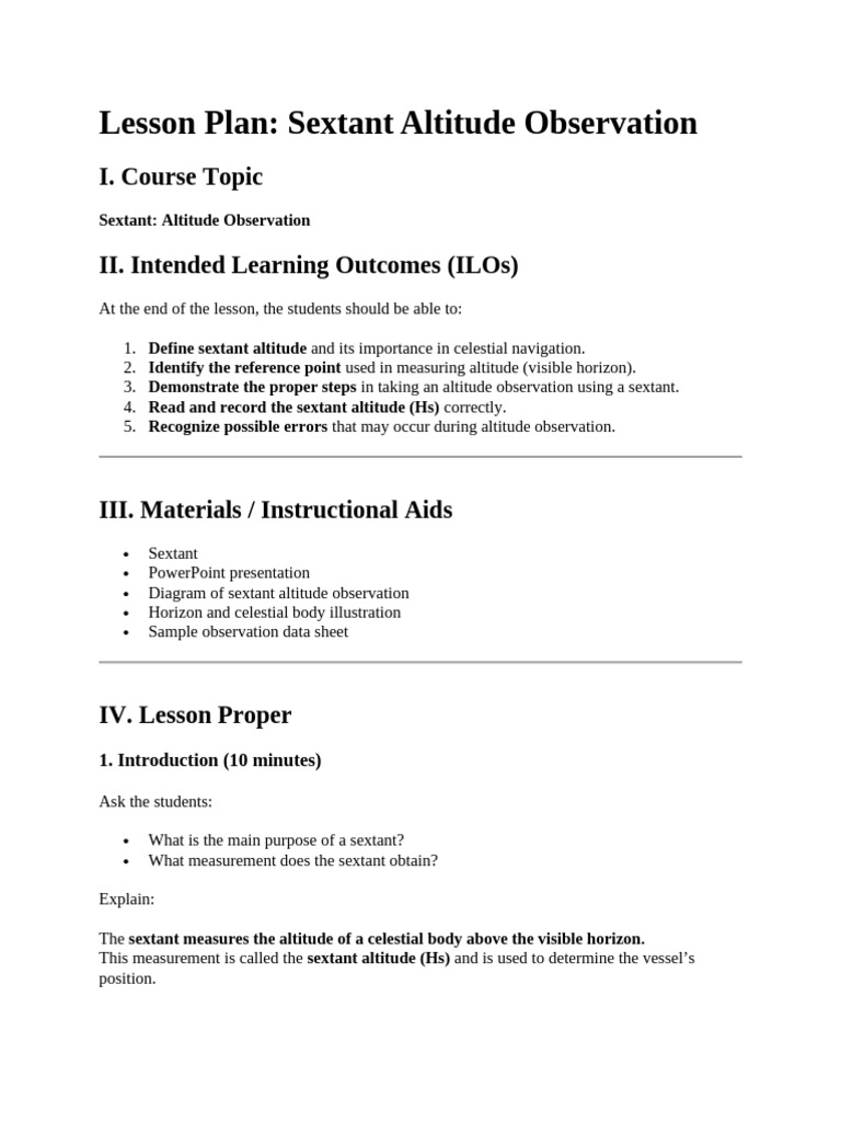 Lesson Plan Semis - Sextant Altitude | PDF | Horizon | Astronomy