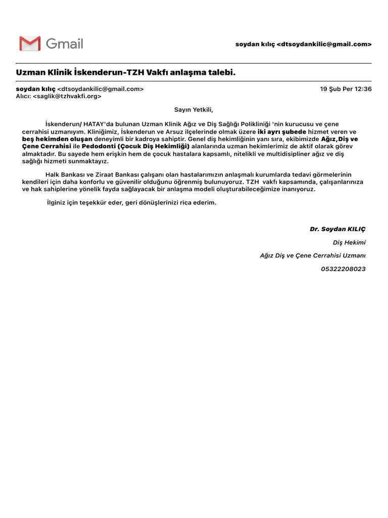 Uzman Klinik İskenderun-TZH Vakfı anlaşma talebi. | PDF