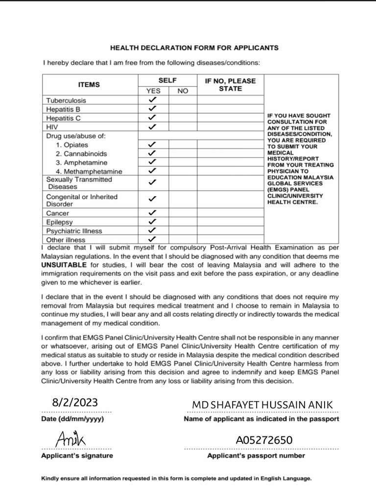 Lampiran B - Health Declaration Form For Applicant | PDF