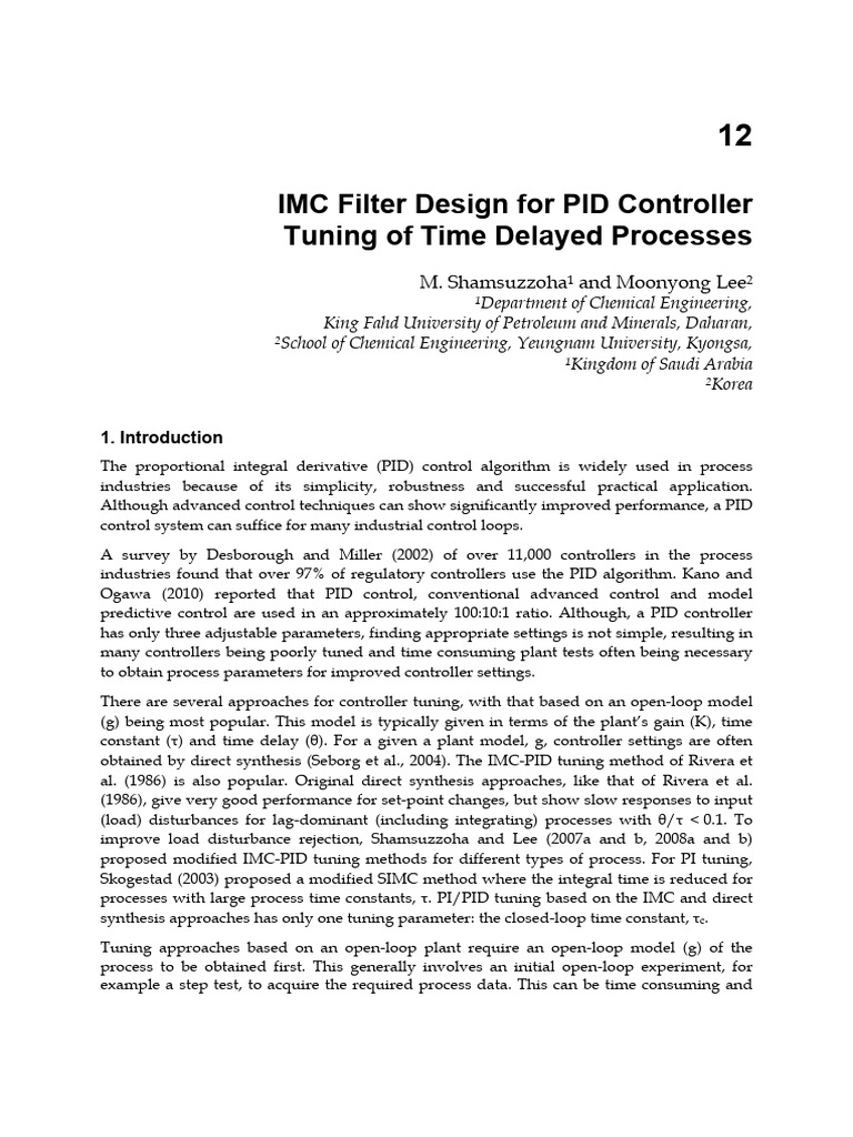 IMC Filter Design for PID Controller Tuning of Time Delayed Processes ...