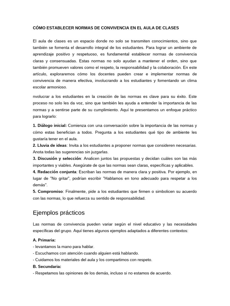 Cómo Establecer Normas de Convivencia en El Aula de Clases | PDF ...