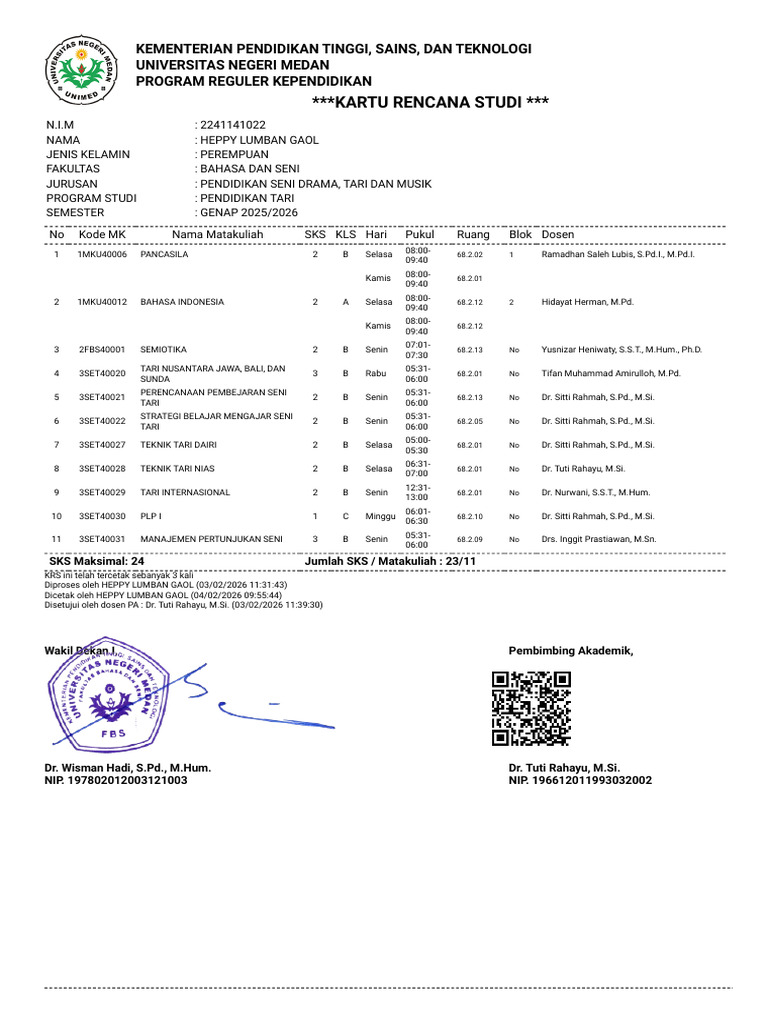 Kartu Rencana Studi (KRS) - Akad Unimed | PDF