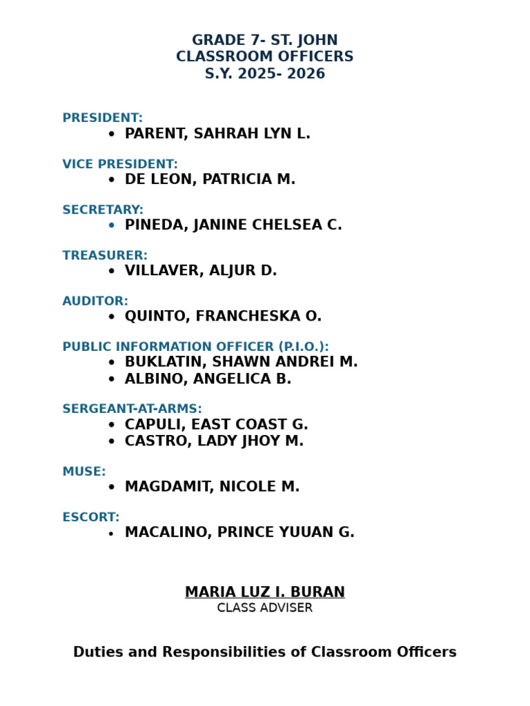 GRADE 7 Classroom Officers | PDF | Audit | Accounting