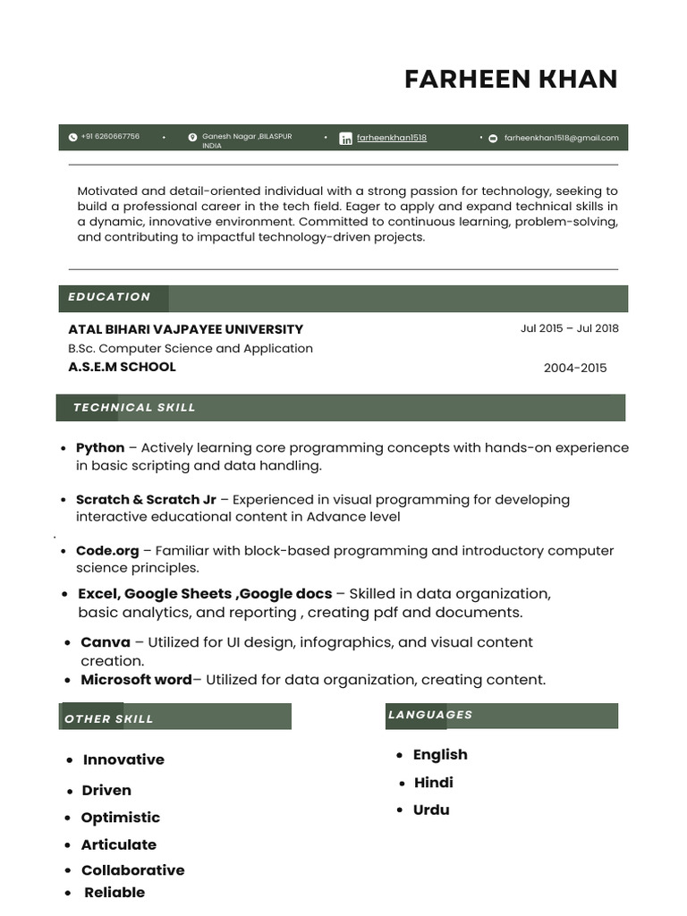 Farheen's Resume | PDF | Computer Programming | Mathematics