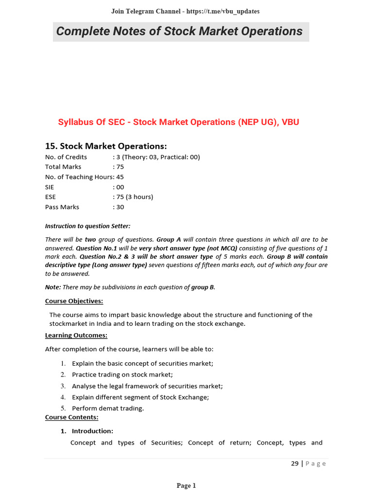 SEC Stock Market Operations Complete Notes for FYUGP NEP @Vbu Updates ...