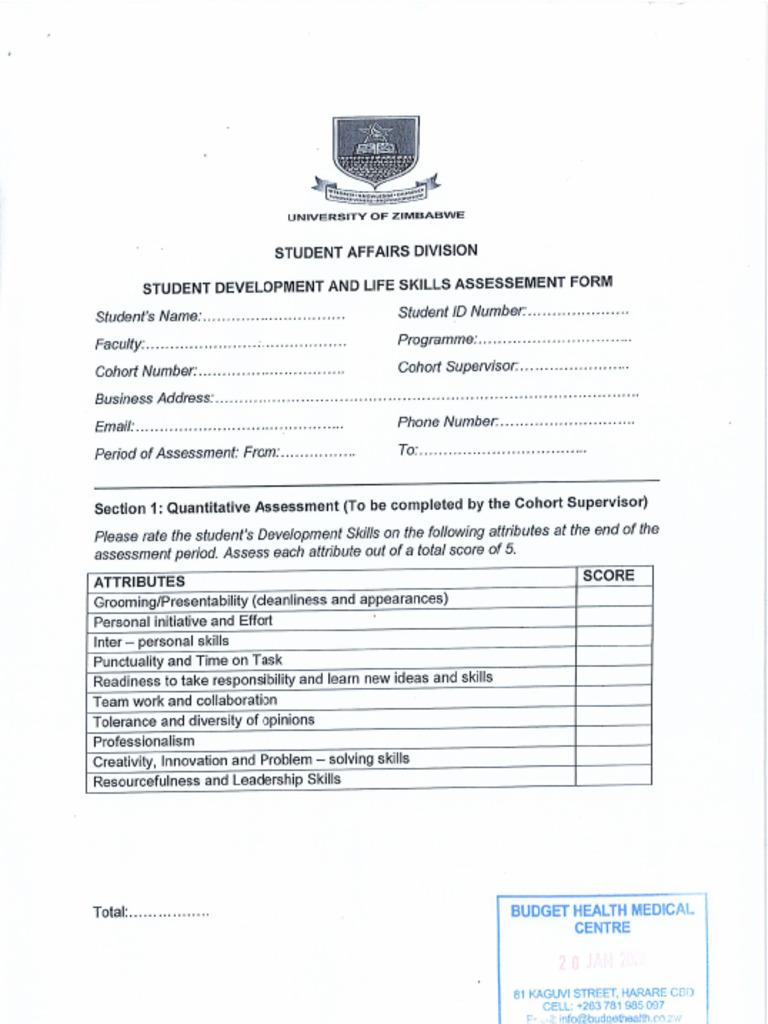 Uz Student Development and Life Skills Assessment Form | PDF