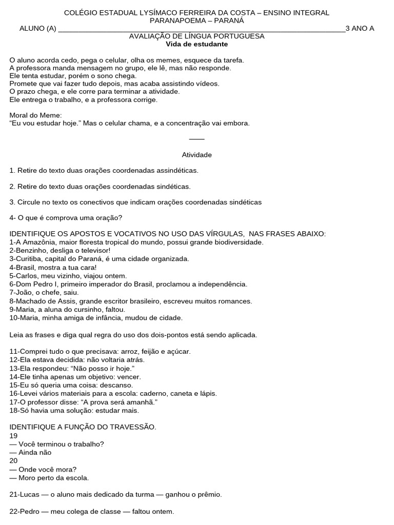 Prova 3 Ano 3 | PDF