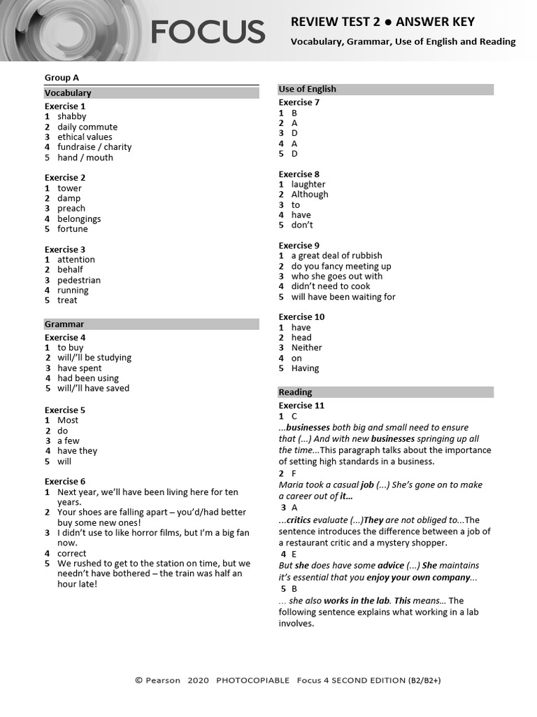 Focus4 2E Review Test 2 Units1 4 Vocabulary Grammar UoE Reading GroupA ...