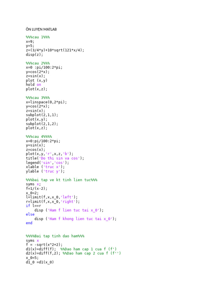 ÔN LUYỆN MATLAB | PDF