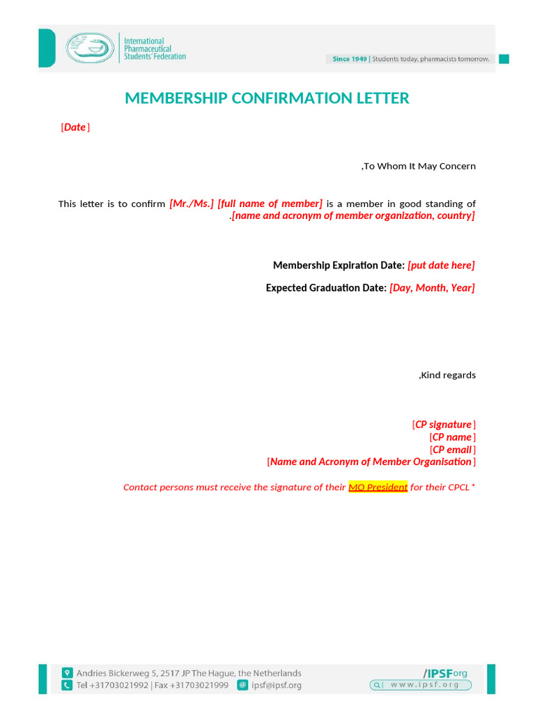 (TEMPLATE) IPSF Membership Confirmation Letter (CPCL) | PDF