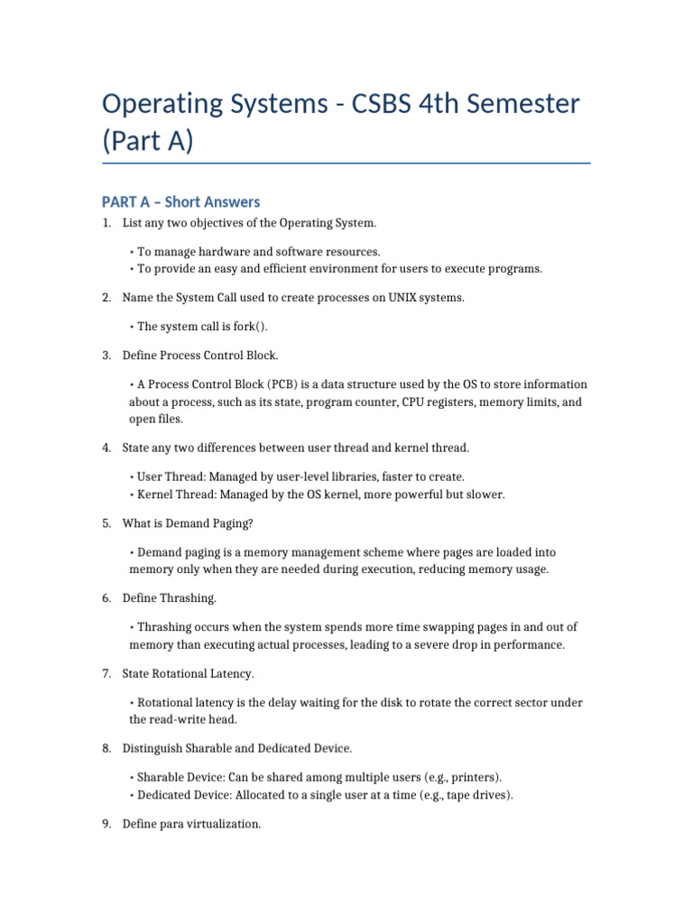 OS PART A | PDF | Operating System | Process (Computing)