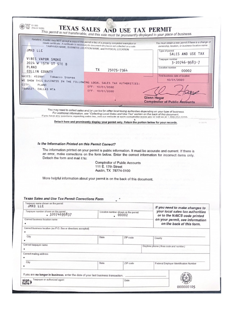 JMKD LLC Texas Sales and Use Tax Permit | PDF