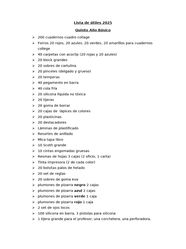 Lista de Utiles Quinto 2025 | PDF